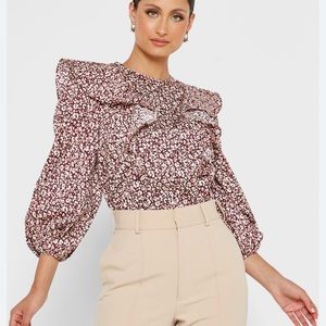 Ted Baker London Sz 3 (M) Puff Sleeve Printed Ruffle Cheetah Blouse  100% Cotton